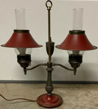 Vintage Double Arm,  Student Tole Lamp With Ruby Red Shades,  Glass Hurricane