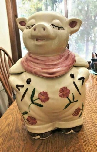 Vintage Shawnee Pottery “smiley Pig” Cookie Jar With Red/pink Flowers & Bandana