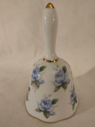 Vintage 5 Inch Bell White Porcelain Blue Roses Gold Trim