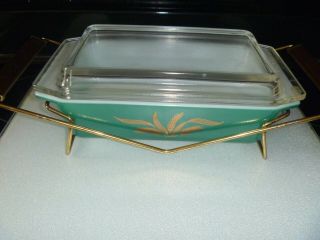 Vtg Pyrex Glass Green & Wheat 575 - B 2 Qt Space Saver Dish Casserole & Lid &stand