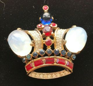 Vintage Trifari Sterling Alfred Philippe Crown Brooch Pin Art Glass