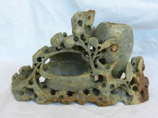 Antique Large Hand Carved Chinese Soapstone Ink Pot And Brush Stand C 1900