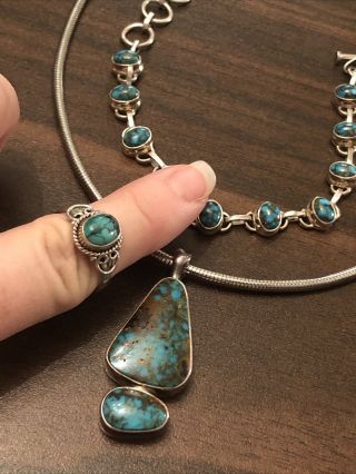 Vintage Navajo Sterling Silver Turquoise Signed Necklace,  Bracelet & Ring Set