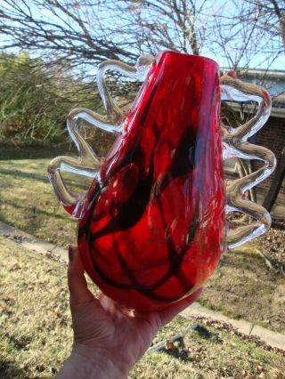 Antique Vtg Murano Studio Art Glass Vase Red Swirl Rigaree Hand Blown Vase Large
