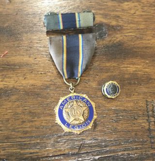 Vintage Us American Legion Medal Pin With Ribbon,  Bar,  & Pin Set