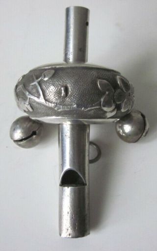 Rare Antique Sliver Chinese Baby Rattle Whistle With Round Bells