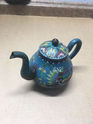 Antique 19th Century Chinese Cloisonne Teapot Blue Enamel Dragon w/ SIGNED 2