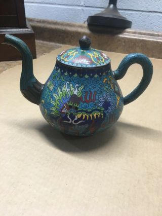 Antique 19th Century Chinese Cloisonne Teapot Blue Enamel Dragon w/ SIGNED 3