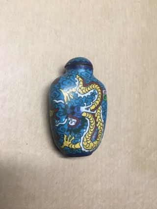Antique 19th Century Chinese Cloisonne Snuff Bottle Blue Enamel Dragon W/