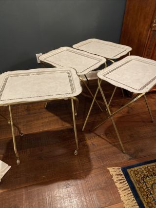Vintage Metal Tray Tables Folding Set Of 4 One W/caster Wheels Nearly