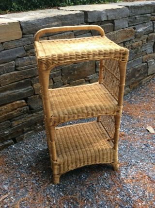 Vintage Mcm Rattan Wicker End Bed Side Table Book Plant 2 Shelf Bath Night Stand