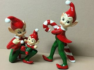 Vintage Josef Originals Christmas Elves - W/baby Elf The Other W/candy Cane