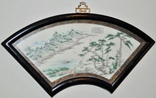 Estate Chinese Framed Porcelain Fan Shape Plaque Hand - Painted Mountain Trees