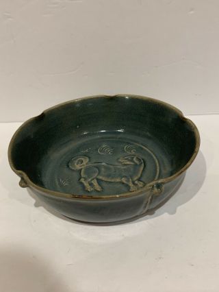 Antique Chinese Blue Glazed Pottery Bowl Relief Decorated Dog 7” 18thc Qing