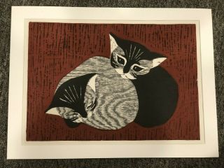 Vintage Kaoru Kawano Japanese Woodblock Print Kittens