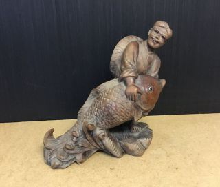 Antique Chinese Unusual Carving Of A Fisherman With A Great Face Tree