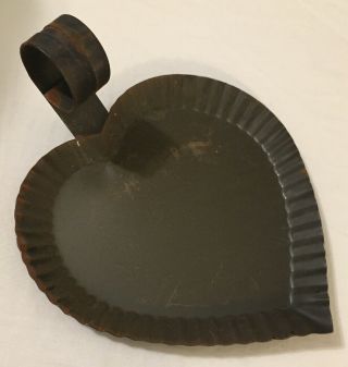 Vintage Primitive Rustic Black Tin Metal Heart Crimped Edge Candle Holder Plate