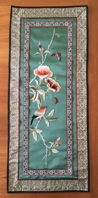 Antique Chinese Silk Embroidery Wall Hanging Tapestry Panel Teal Background 2