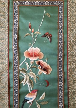 Antique Chinese Silk Embroidery Wall Hanging Tapestry Panel Teal Background 3
