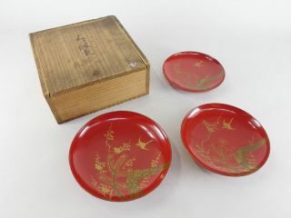 Japanese Antique Vintage Gilt Red Lacquer Wood Triple Sakazuki Sake Cups Chacha