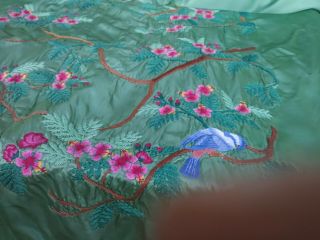 Vintage Embroidered Silk Twin Size Bedspread With Two Pillowcases Green Chinese