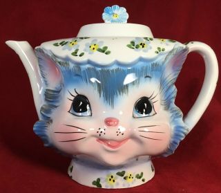 Vintage Lefton Miss Priss Kitty Cat Teapot W Flower Lid,  Salt Pepper Shakers