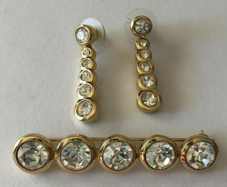 Vintage Christian Dior Crystal Gold Tone Brooch & Pierced Dangle Earrings Set