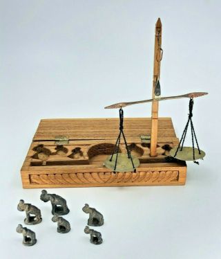 Opium Scale Hand Carved Teak Elephant Design Case 6 Bronze Elephant Weights