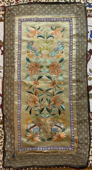 Antique Chinese Qing Dynasty Silk Hand Embroidery Scenery Panel 13” X 26”