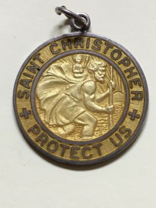 Large Vintage Sterling Silver Saint Christopher Protect Us Yellow Enamel Medal