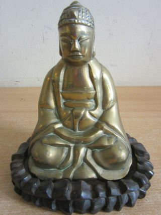 Antique Chinese Brass Sitting Buddha Statue Figure On Wooden Base 6 "
