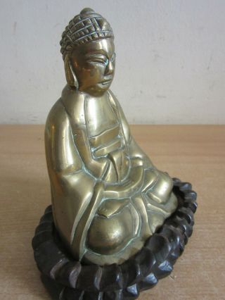 Antique Chinese Brass sitting buddha statue figure on wooden base 6 