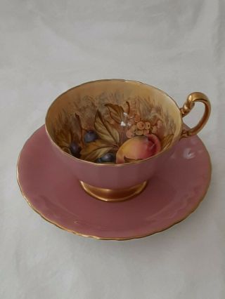 Vintage Aynsley Orchard Fruit Footed Cup & Saucer Pink Signed D.  Jones