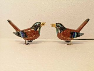 Vintage Chinese Brass Cloisonne Enamel Nightingale Birds Pair Miniature Figurine