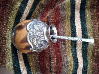 Vintage Argentina Yerba Mate Tea Alpaca Silver Bombilla Straw And Gourd Cup