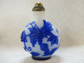 Antique Chinese Peking Glass Snuff Bottle Carved Squirrels Grape Vine Blue White