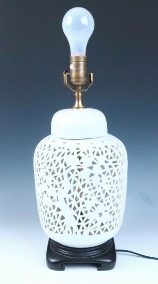 Vintage Chinese Reticulated Blanc De Chine Porcelain Jar Vase Lamp Base Prunus