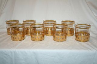 8 Vintage Mcm Culver 22k Gold Lowball Tumbler Glasses Antiqua Pattern Rocks
