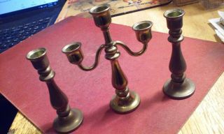 Set Of 3 Vintage Solid Brass Mini Thin Candle Holders 3/8 " Inch Opening 3 " Tall
