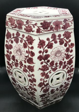 Antique Vintage Chinese Porcelain Garden Seat Stool Flowers Red Maroon REPAIRED 2