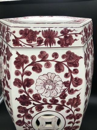 Antique Vintage Chinese Porcelain Garden Seat Stool Flowers Red Maroon REPAIRED 3
