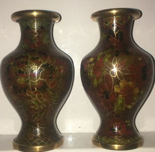 Antique Chinese Gold - Gilt Bronze Cloisonne Pair Export Vases Burgundy Floral 5”