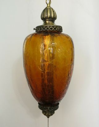 Vintage Amber Beehive Hanging Swag Lamp Mid Century Ceiling Light
