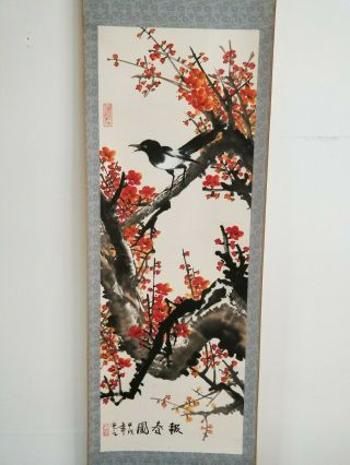 Vintage Chinese Scroll Signed Hand Painted Spring Blooming Mehiua & Magpie Large