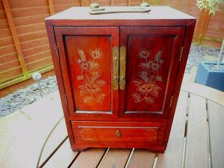 Vintage Japanese Wooden Jewellery Cabinet With Silver Inlay Floral Doors