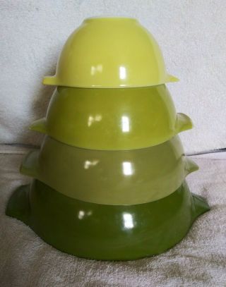 Vintage Pyrex " Verde Green " Avocado Cinderella Nesting Mixing Bowls 441 - 444