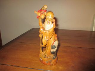 Old Hand Carved Wood Chinese Statue Immortal God Of Longevity Shou Lao Detailed
