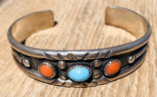 " Signed/stamped " Vintage Navajo Turquoise & Coral Sterling Silver Row Bracelet