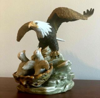 Vintage American Bald Eagle Over Nest With Two Babies Porcelain Figurine