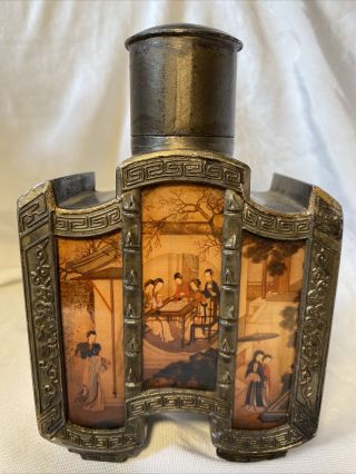 Vintage Chinese Footed Engraved Pewter Tea Caddy W/ 6 Reverse Painted Panels